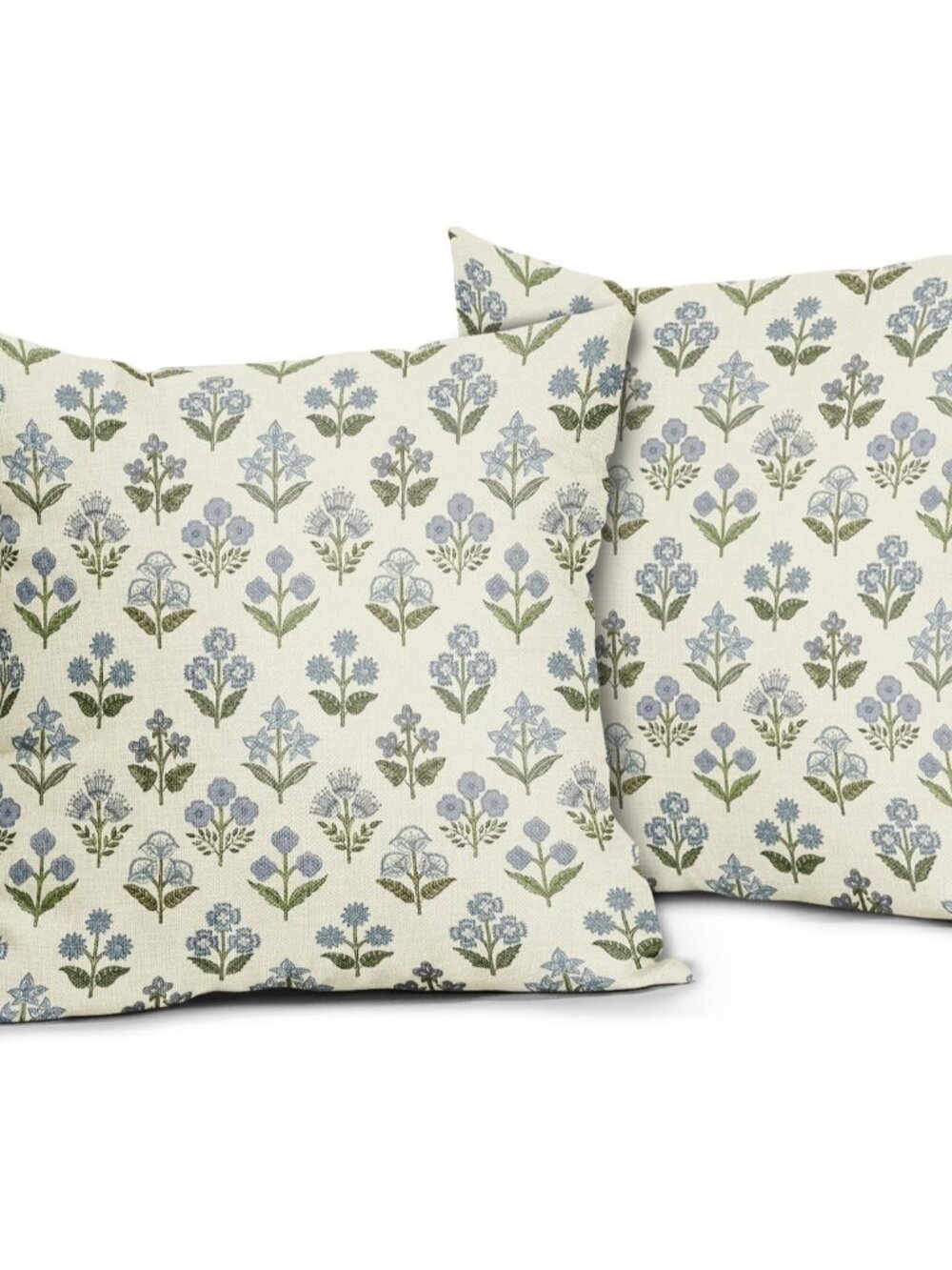 Blue Green Block Print Pillow Covers 18x18 Inch Set of 2, Vintage Floral Spring - Picture 4 of 8